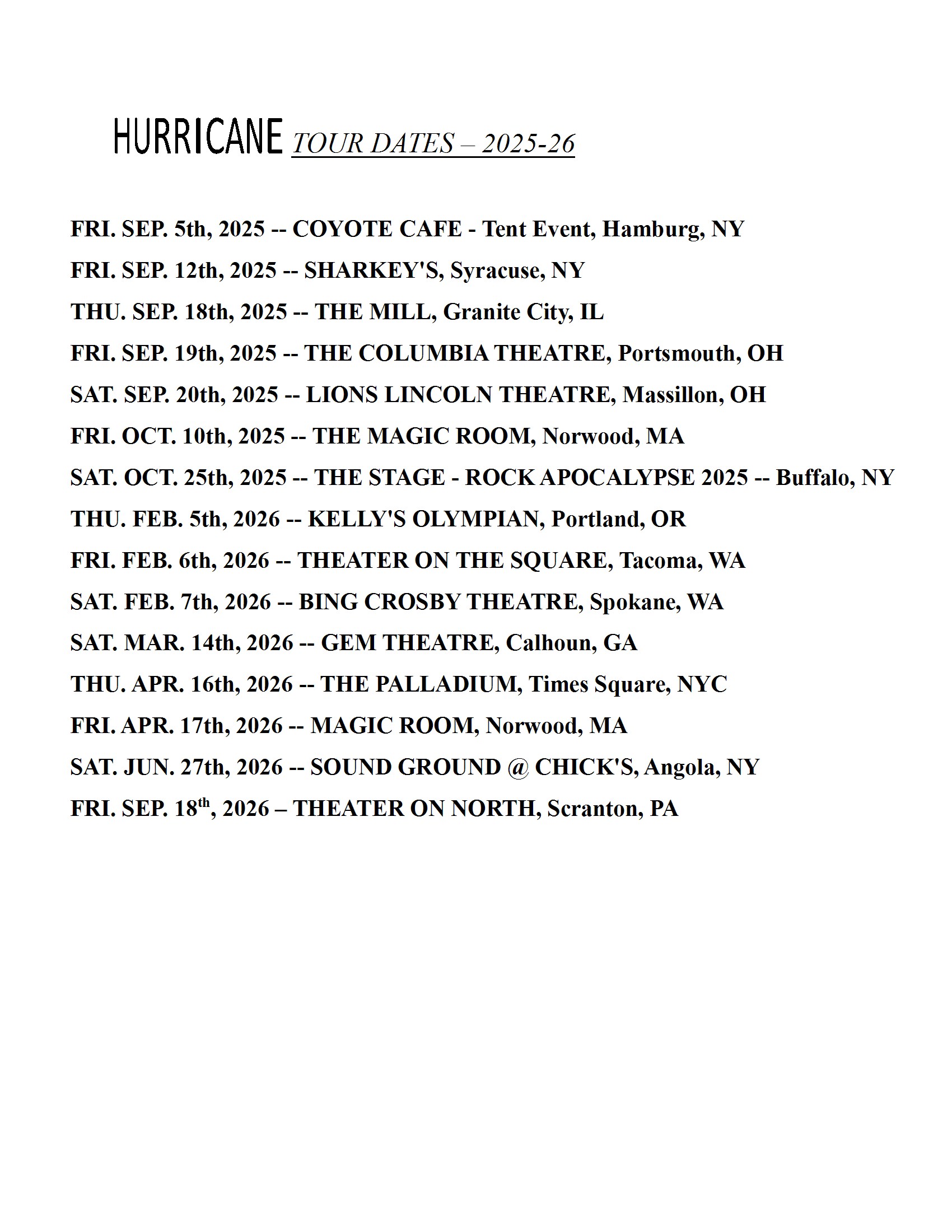 HURRICANE Tour Dates 2025-26